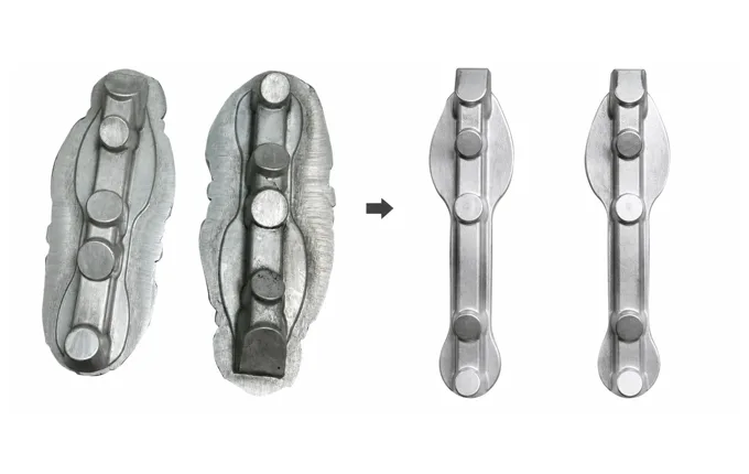 Forged aluminium inline skate frame: raw forging with flash and trimmed frame